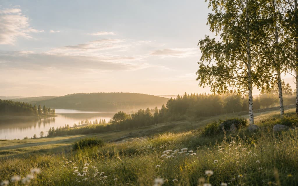 Dimma över sjö och skog i guldtonat morgonljus